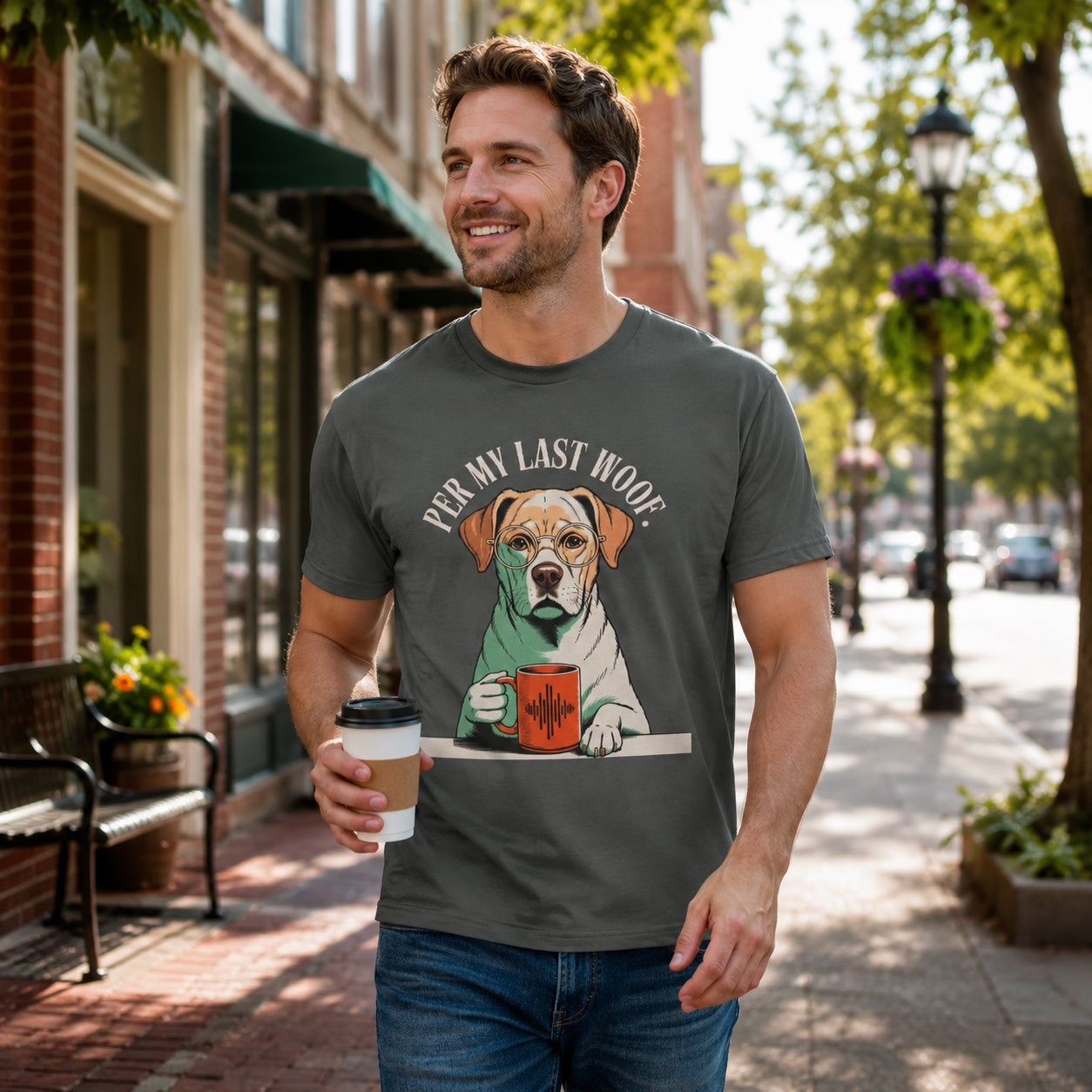 Man walking down a city street holding coffee, wearing pepper colorful Labrador t-shirt