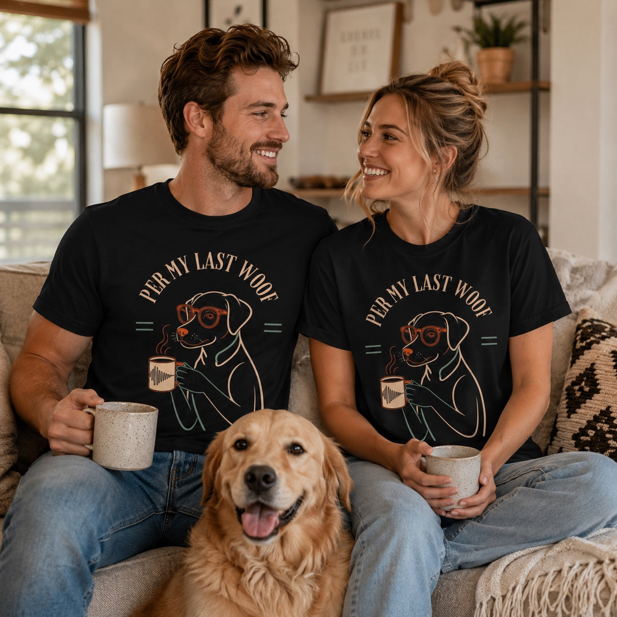 Couple with coffee mugs sitting with their golden retriever, wearing black Labrador coffee t-shirts