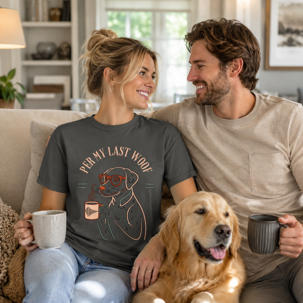 Couple sitting with coffee mugs and their golden retriever, wearing pepper 'Per My Last Woof' t-shirts