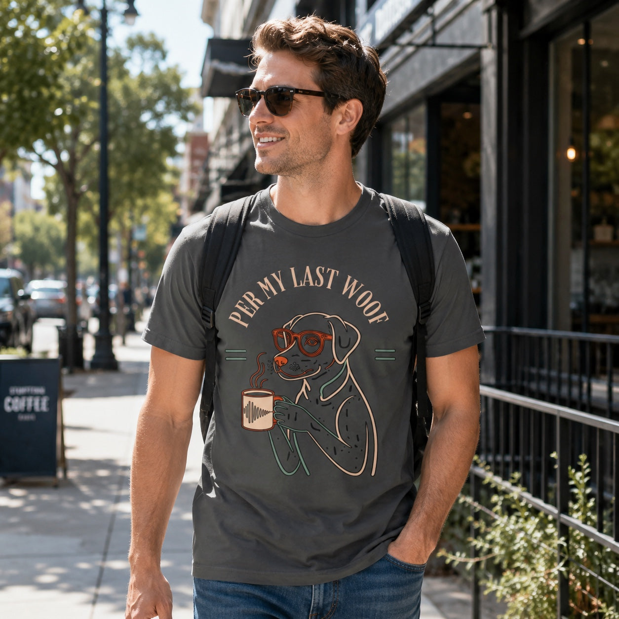 Man walking down a sidewalk with a backpack, wearing pepper Labrador coffee dog t-shirt