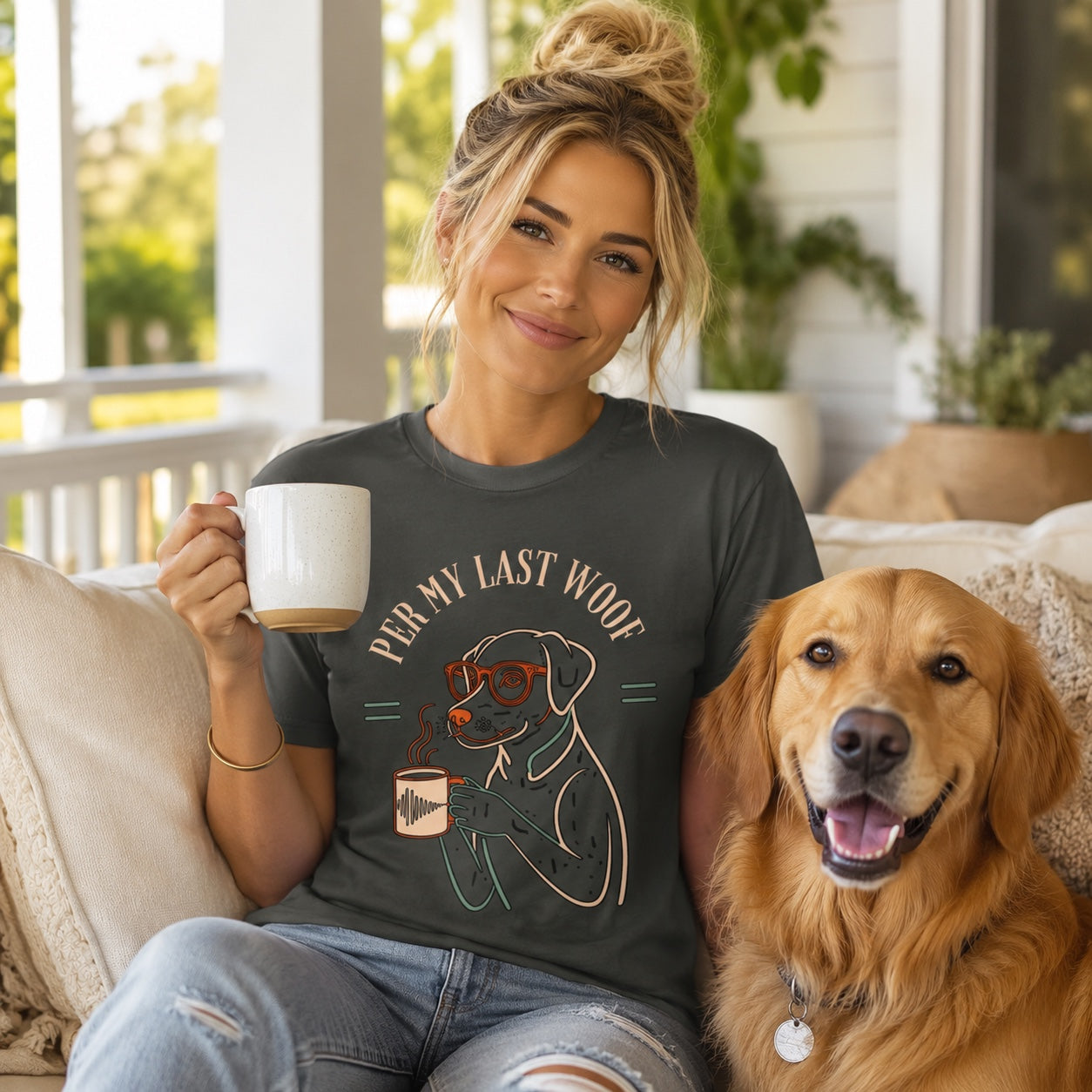 Woman sitting on a porch with iced coffee and her golden retriever, wearing pepper Labrador coffee t-shirt