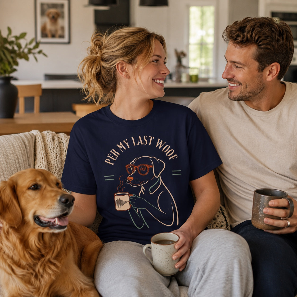 Couple sitting together with coffee and their golden retriever, wearing true navy Labrador coffee t-shirts