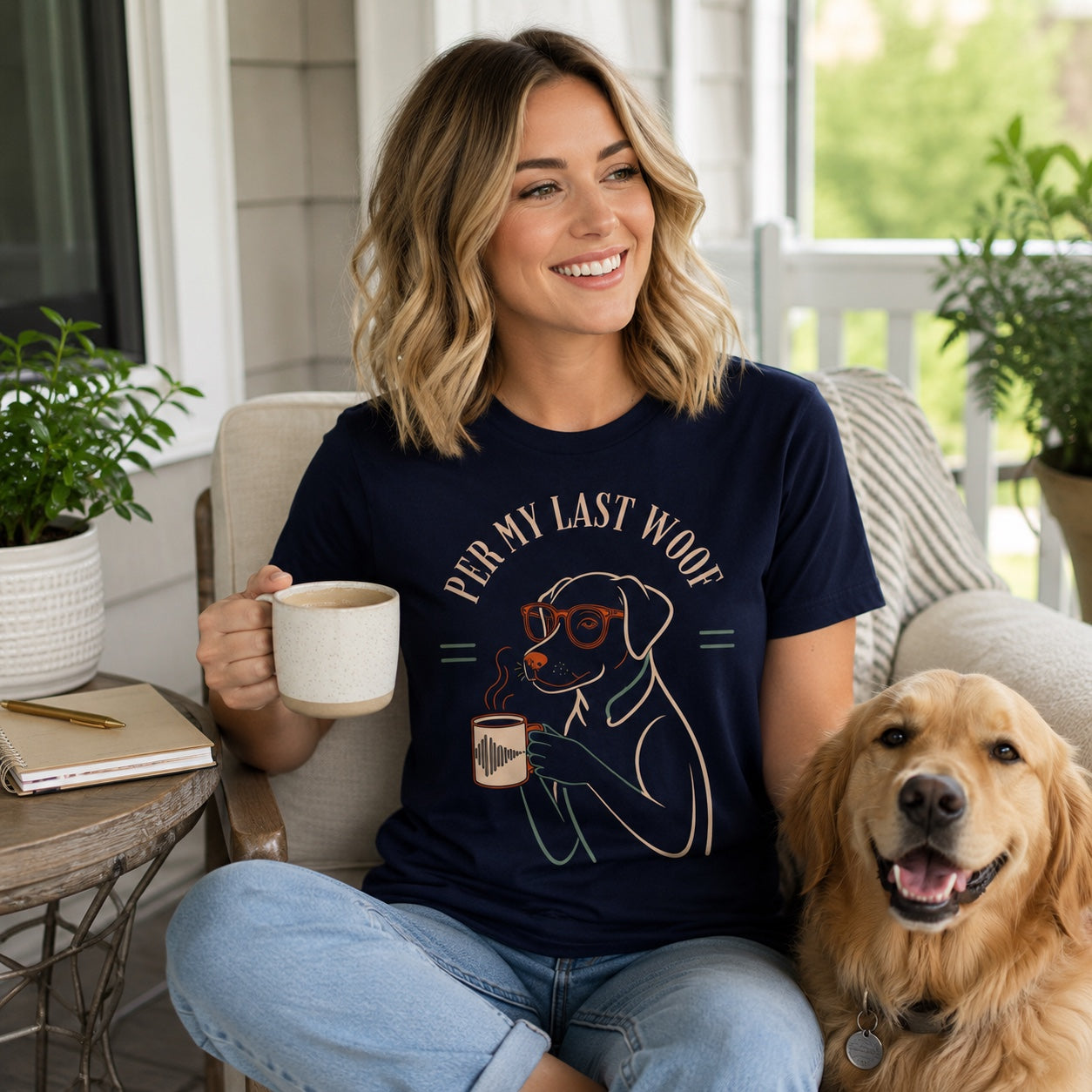 Woman sitting on a porch with a mug and her golden retriever, wearing true navy 'Per My Last Woof' t-shirt