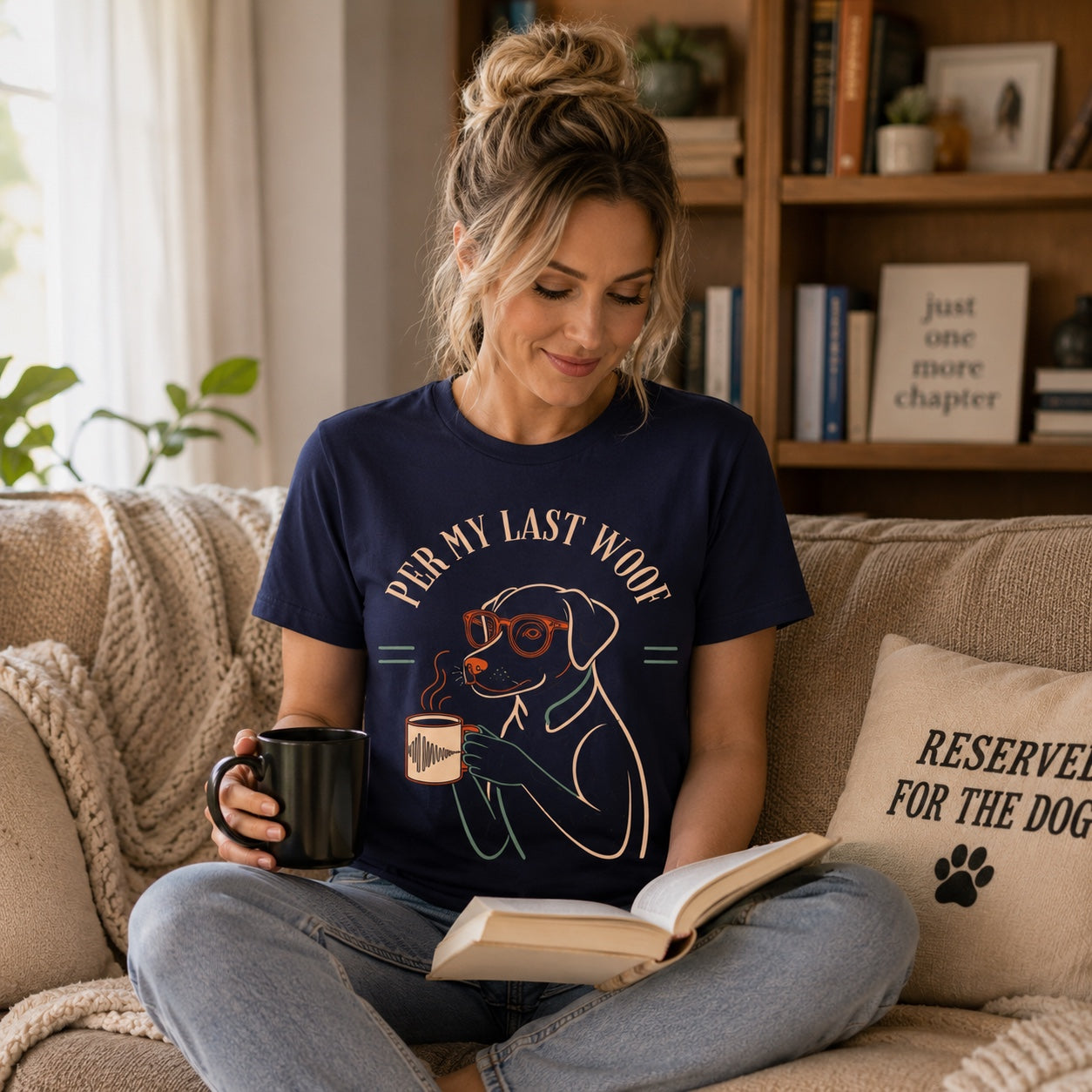 Woman sitting in a cozy reading nook with a book, wearing true navy Labrador coffee dog t-shirt