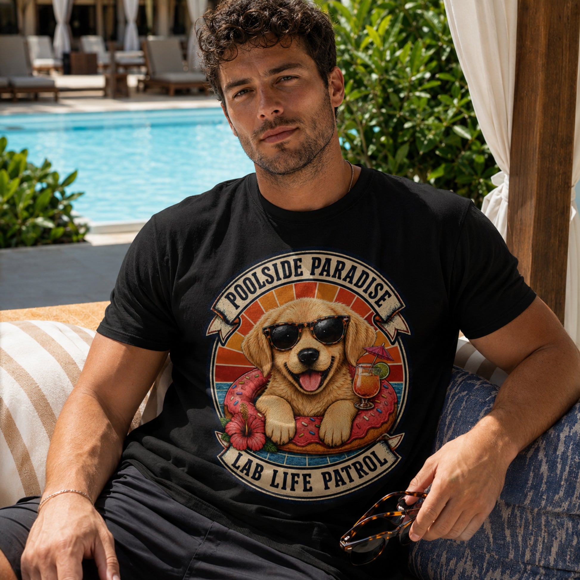 Model wearing a black Poolside Paradise t-shirt with a Golden Retriever puppy on a pool float
