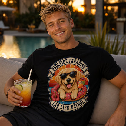 Model wearing a black Poolside Paradise t-shirt with a Golden Retriever puppy on a pool float