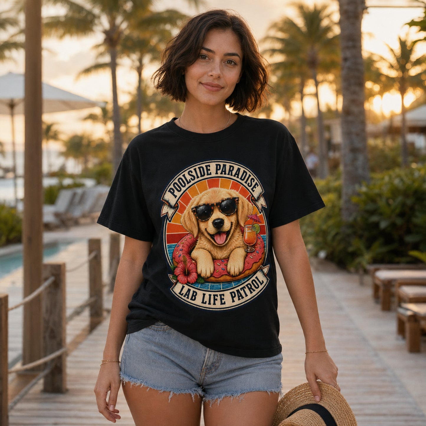 Model wearing a black Poolside Paradise t-shirt with a Golden Retriever puppy on a pool float