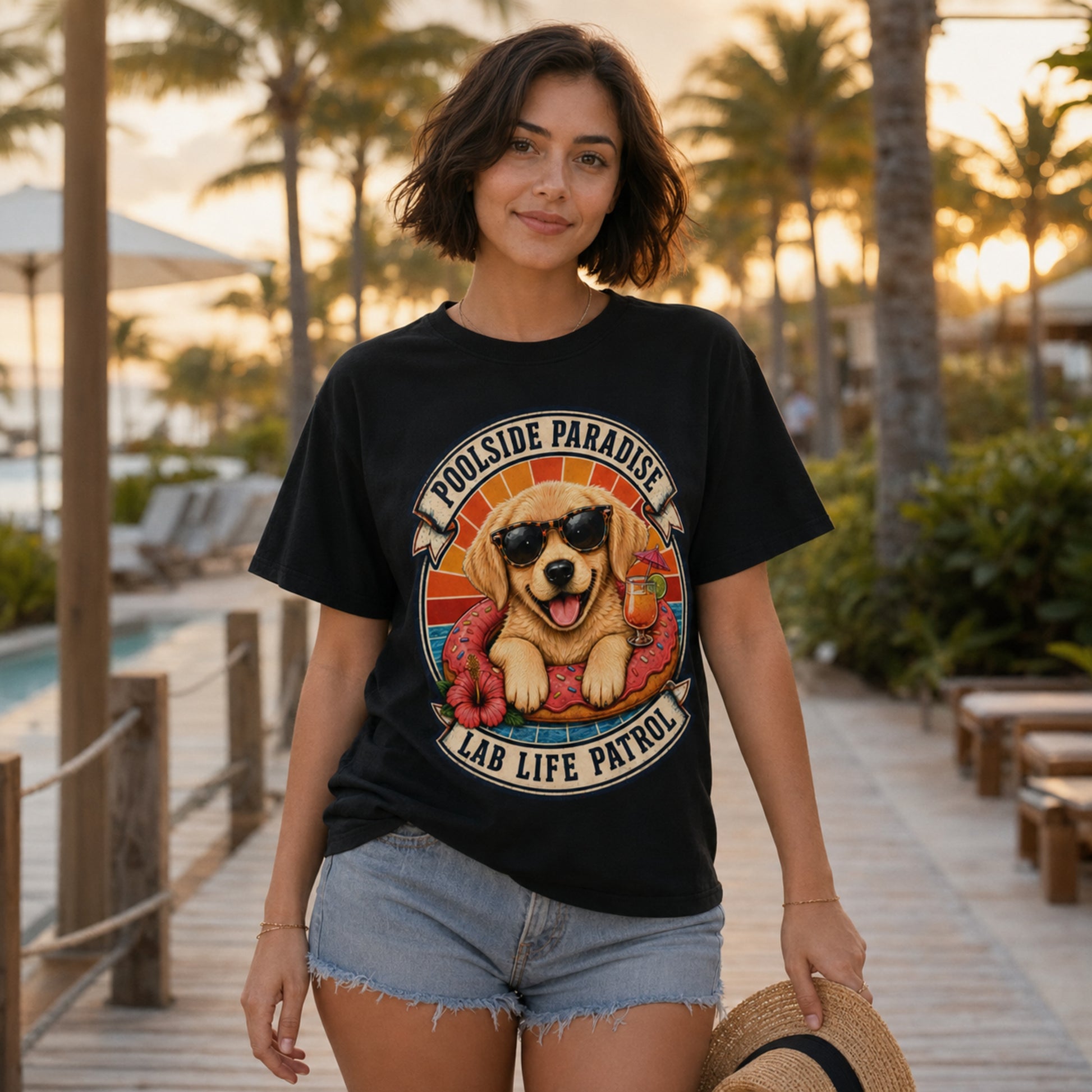Model wearing a black Poolside Paradise t-shirt with a Golden Retriever puppy on a pool float
