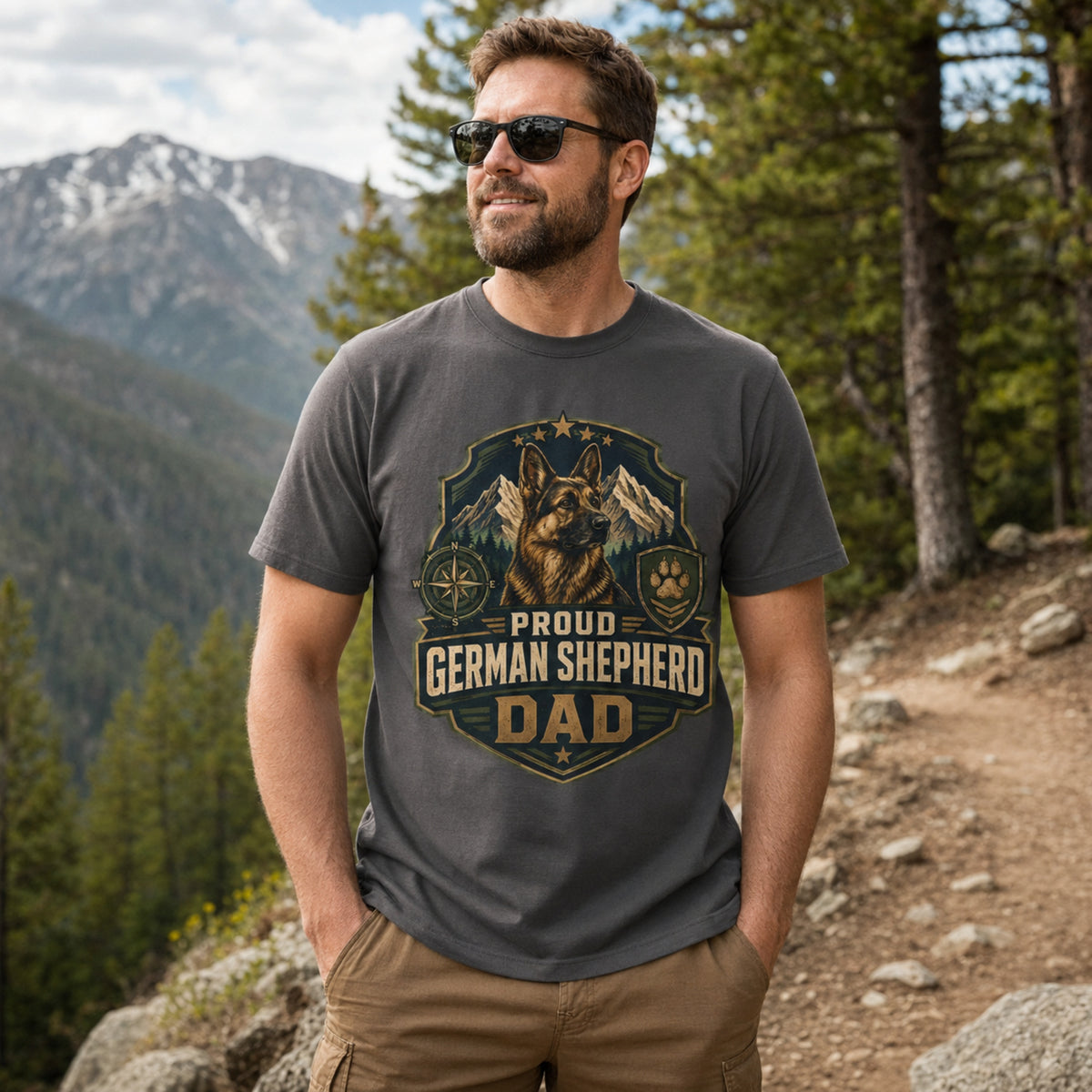 Man wearing a graphite Proud German Shepherd Dad T-shirt on a mountain trail.