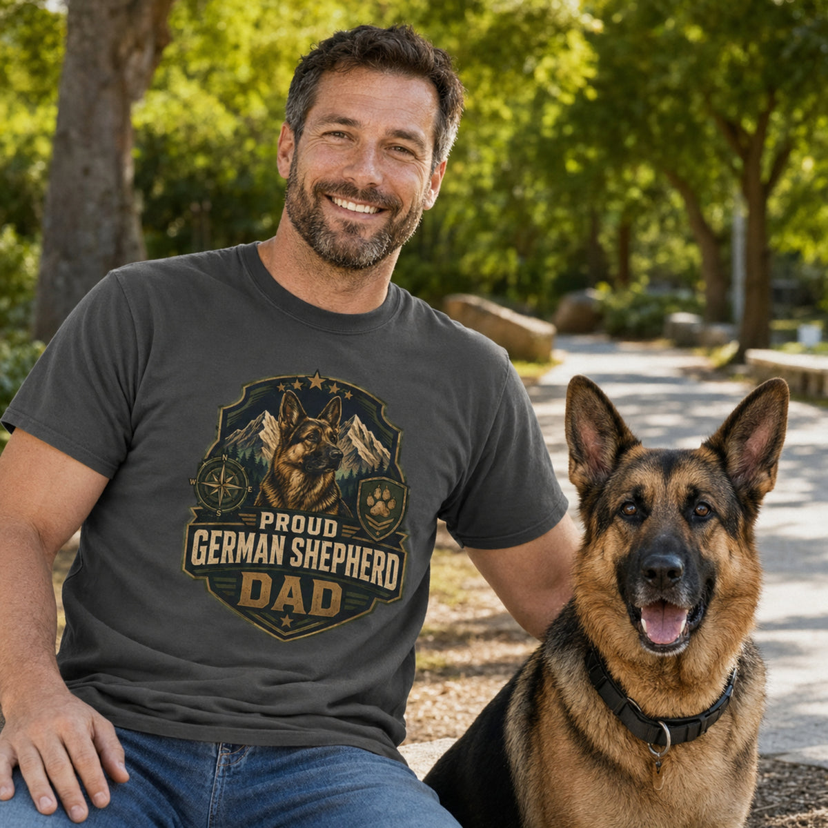 Man wearing a graphite Proud German Shepherd Dad T-shirt in a park with a German Shepherd dog.