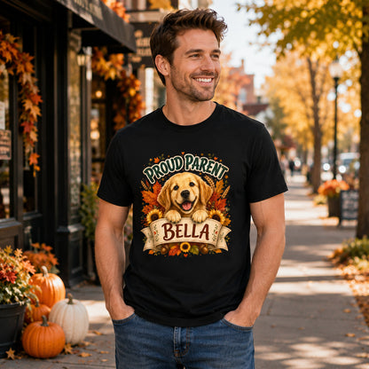 Model wearing a black Proud Parent Bella t-shirt with a Golden Retriever in a lifestyle scene