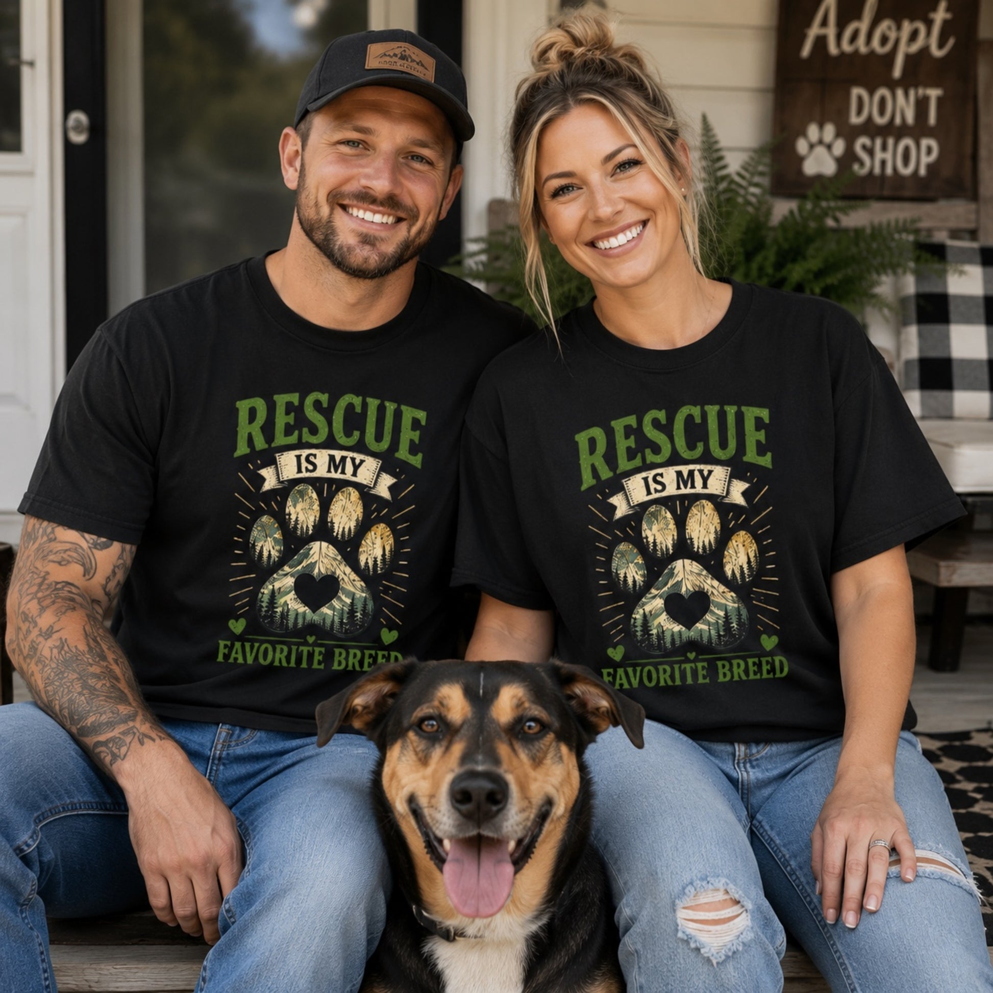 Couple wearing black Rescue Is My Favorite Breed T-shirts with a rescue dog near an Adopt Don’t Shop sign.