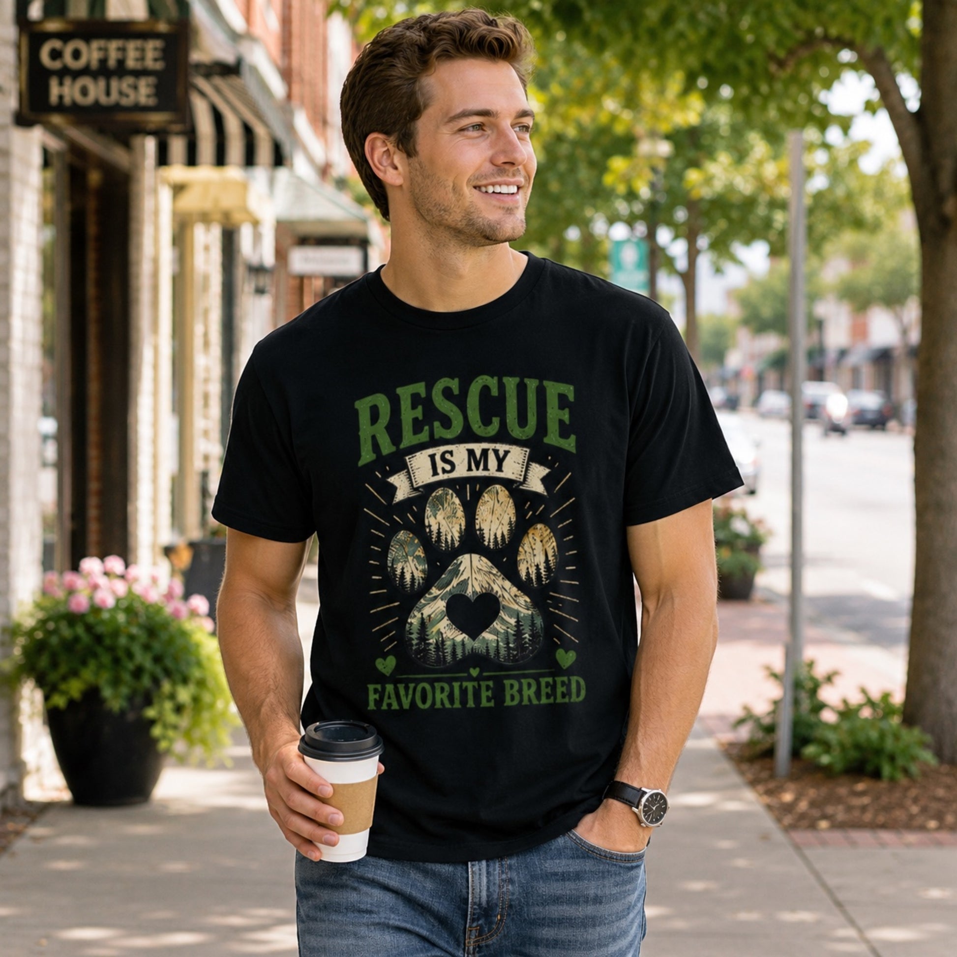 Man wearing a black Rescue Is My Favorite Breed T-shirt on a city street while holding coffee.