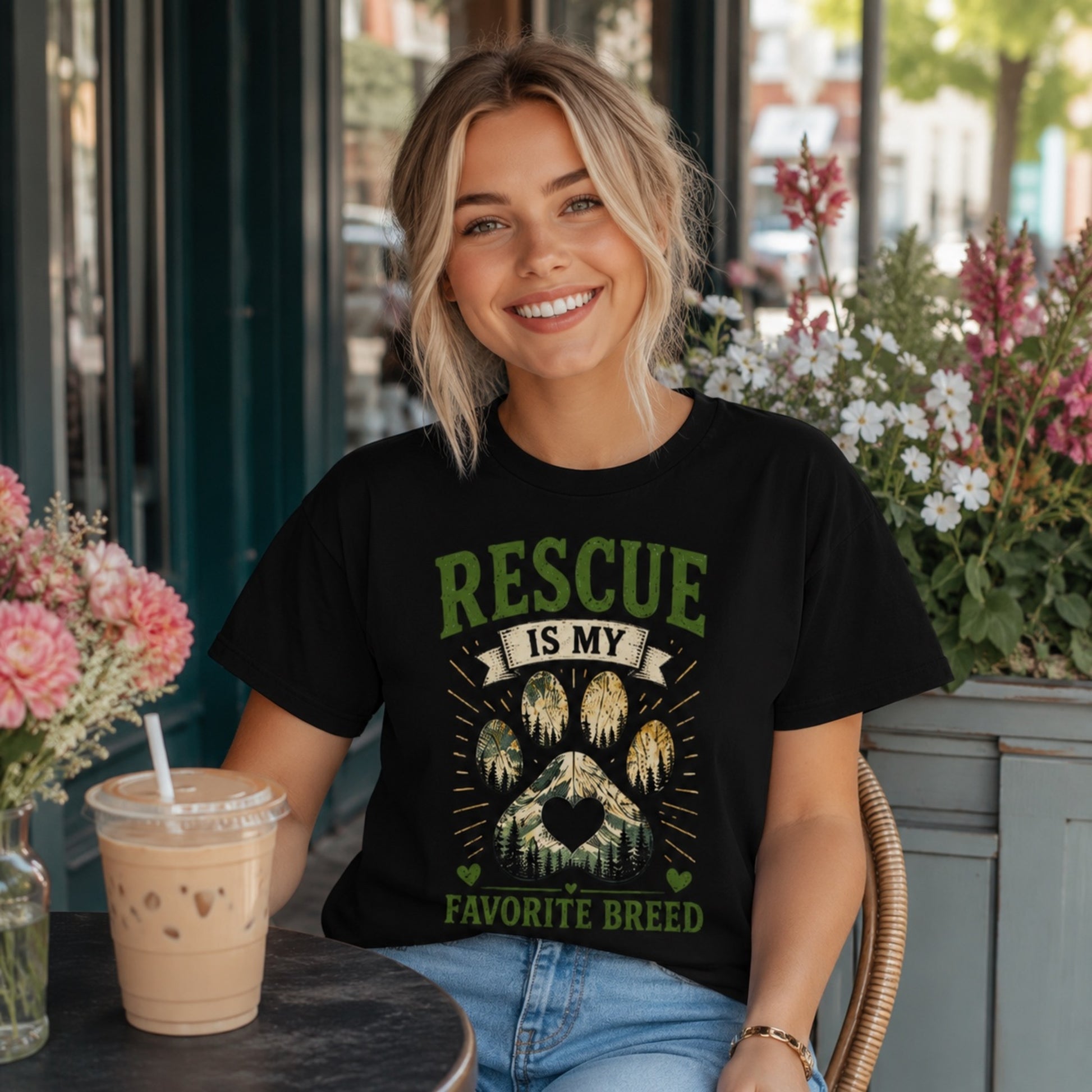 Woman wearing a black Rescue Is My Favorite Breed T-shirt at an outdoor cafe with iced coffee.