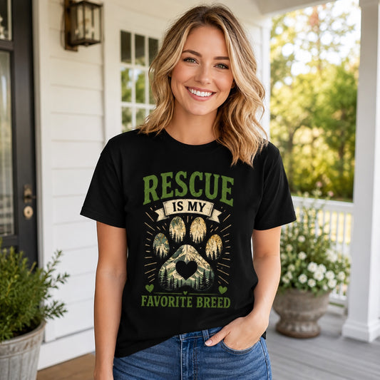 Woman wearing a black Rescue Is My Favorite Breed T-shirt on a front porch.