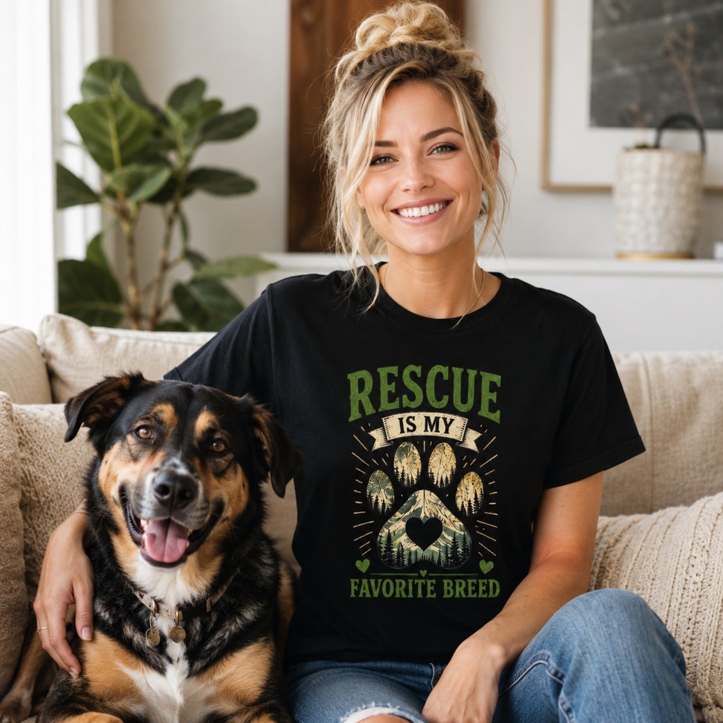 Woman wearing a black Rescue Is My Favorite Breed T-shirt on a sofa with a rescue dog.