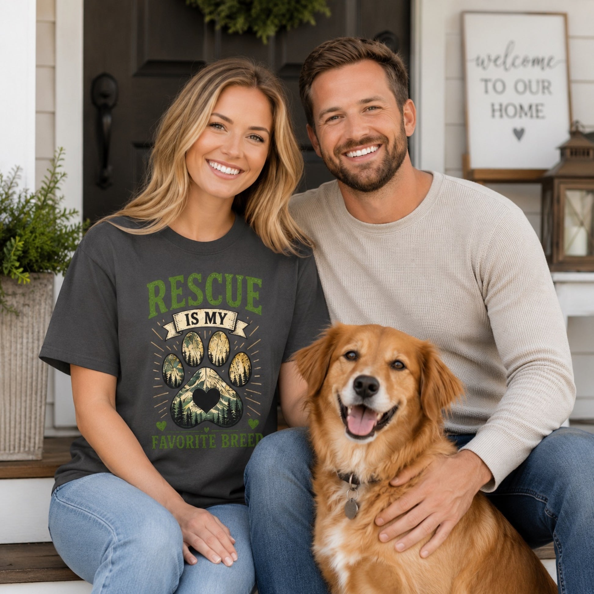 Couple sitting on a porch with a dog, with the woman wearing a graphite Rescue Is My Favorite Breed T-shirt.