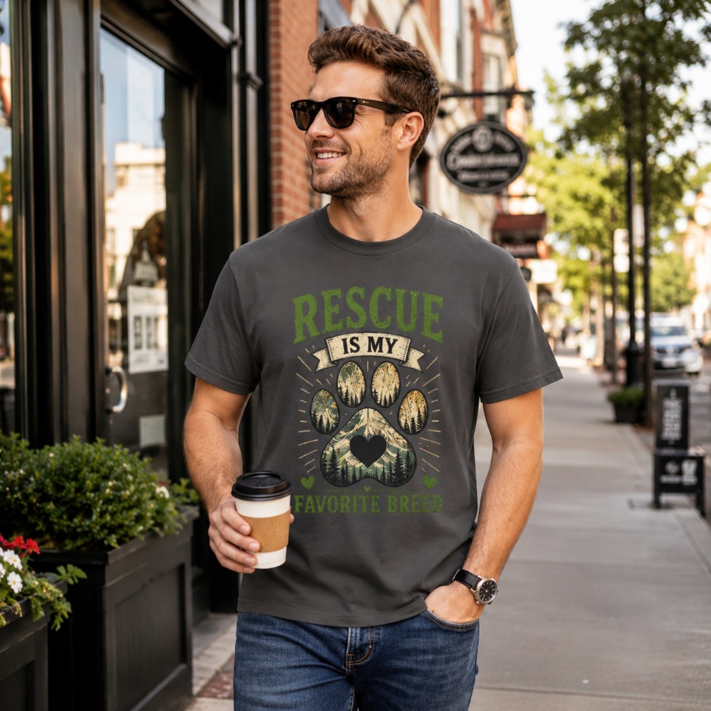 Man wearing a graphite Rescue Is My Favorite Breed T-shirt on a city street while holding coffee.