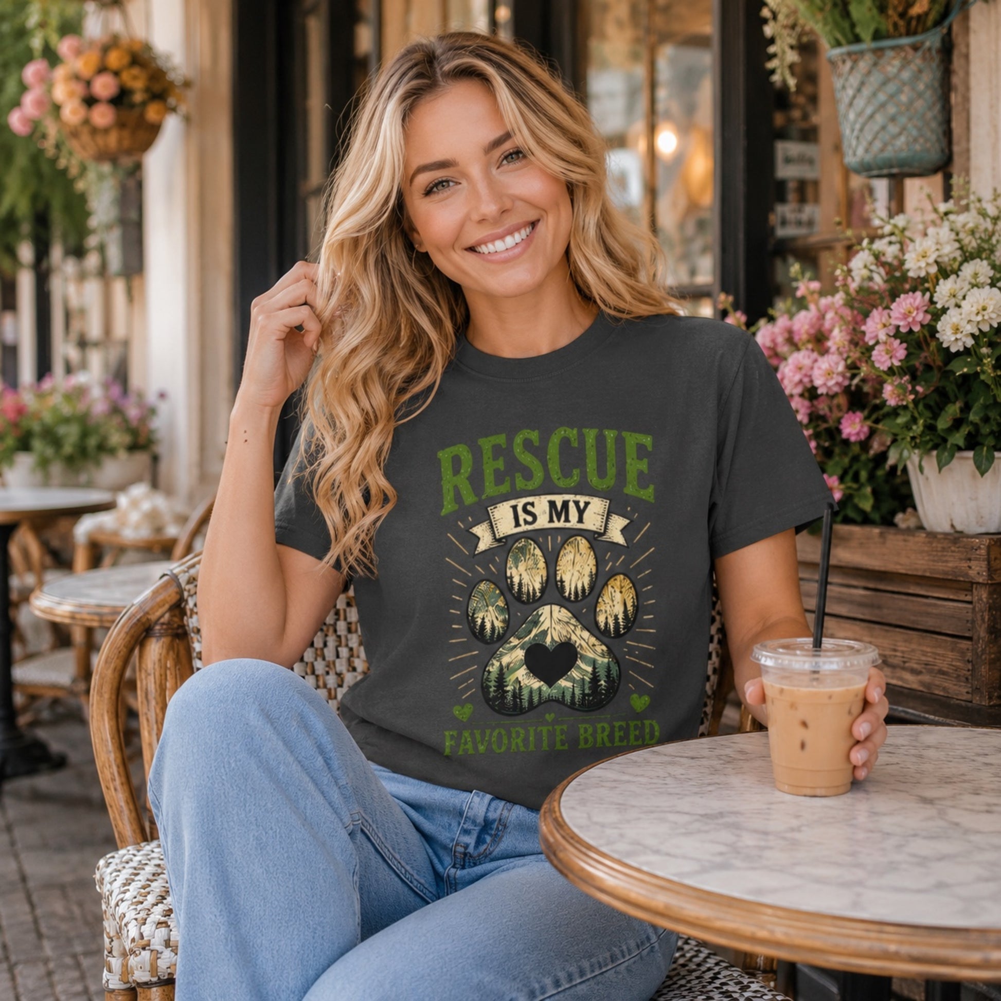 Woman wearing a graphite Rescue Is My Favorite Breed T-shirt at an outdoor cafe with iced coffee.