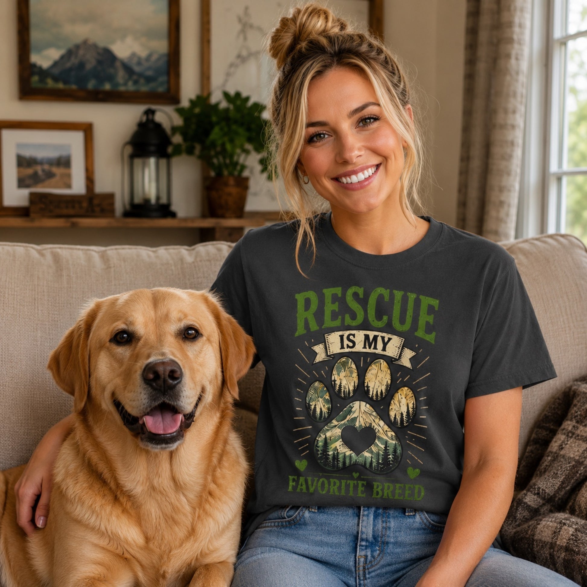 Woman wearing a graphite Rescue Is My Favorite Breed T-shirt on a sofa with a labrador.