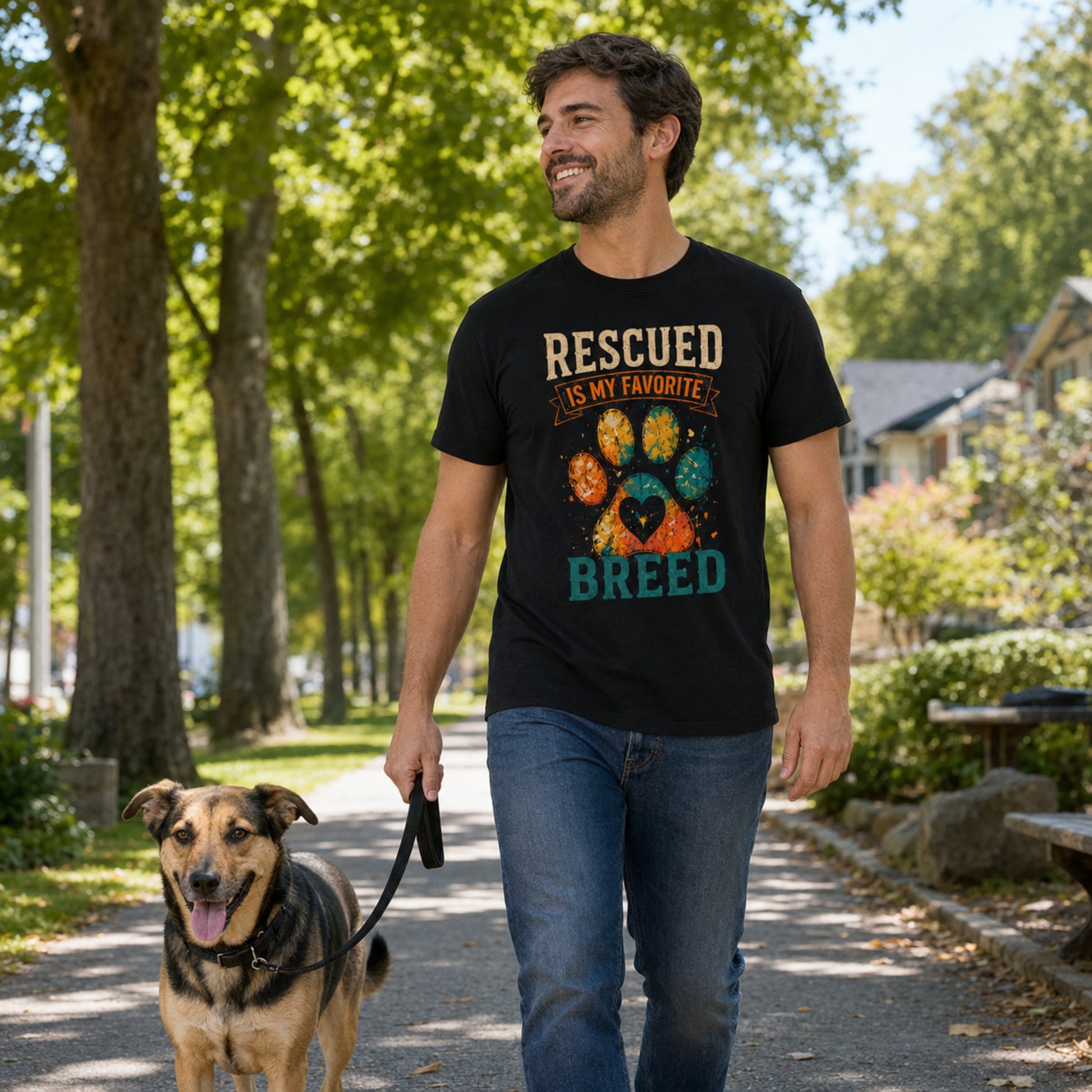Man wearing a black Rescued Is My Favorite Breed T-shirt while walking in a park with a rescue dog.