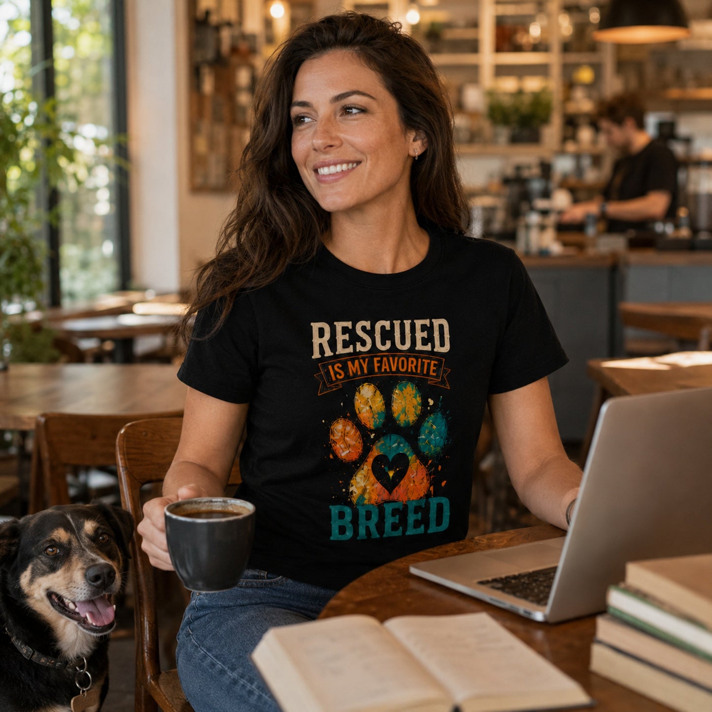 Woman wearing a black Rescued Is My Favorite Breed T-shirt at a cafe table with coffee, laptop, books, and a rescue dog.