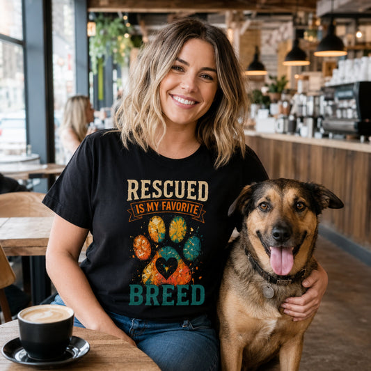 Woman wearing a black Rescued Is My Favorite Breed T-shirt in a coffee shop with a rescue dog.