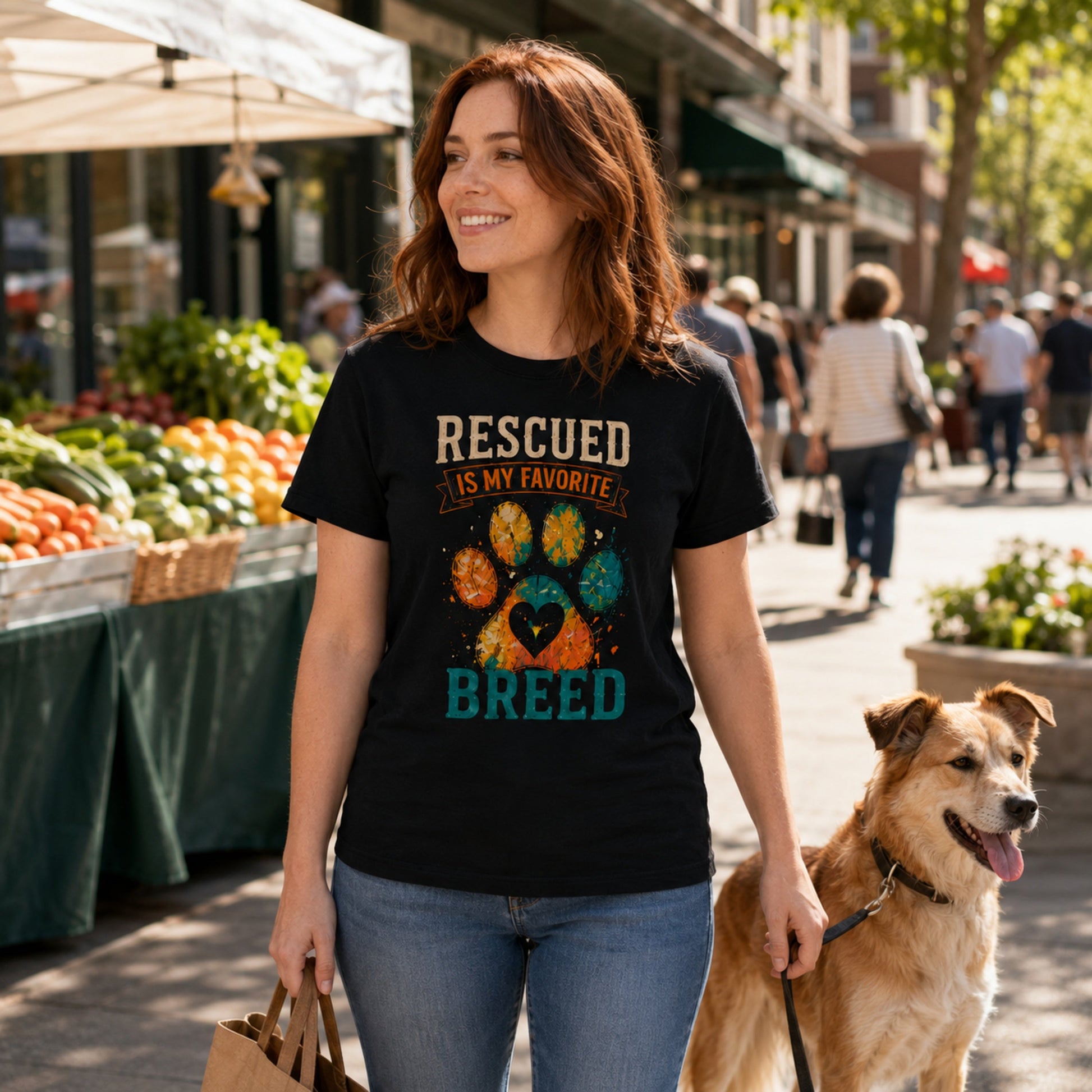Woman wearing a black Rescued Is My Favorite Breed T-shirt at a farmers market with a shopping bag and rescue dog.