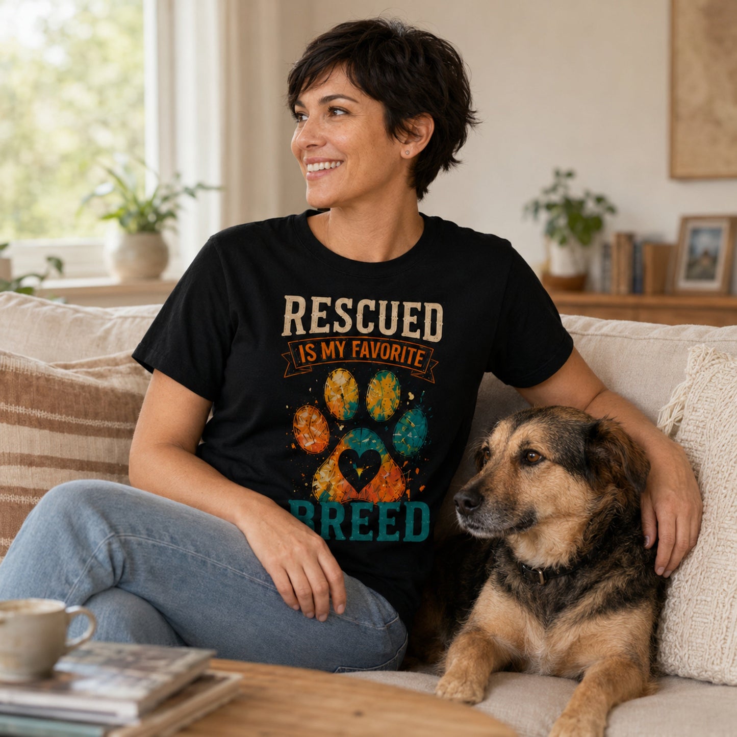 Woman wearing a black Rescued Is My Favorite Breed T-shirt while sitting on a sofa with a rescue dog.