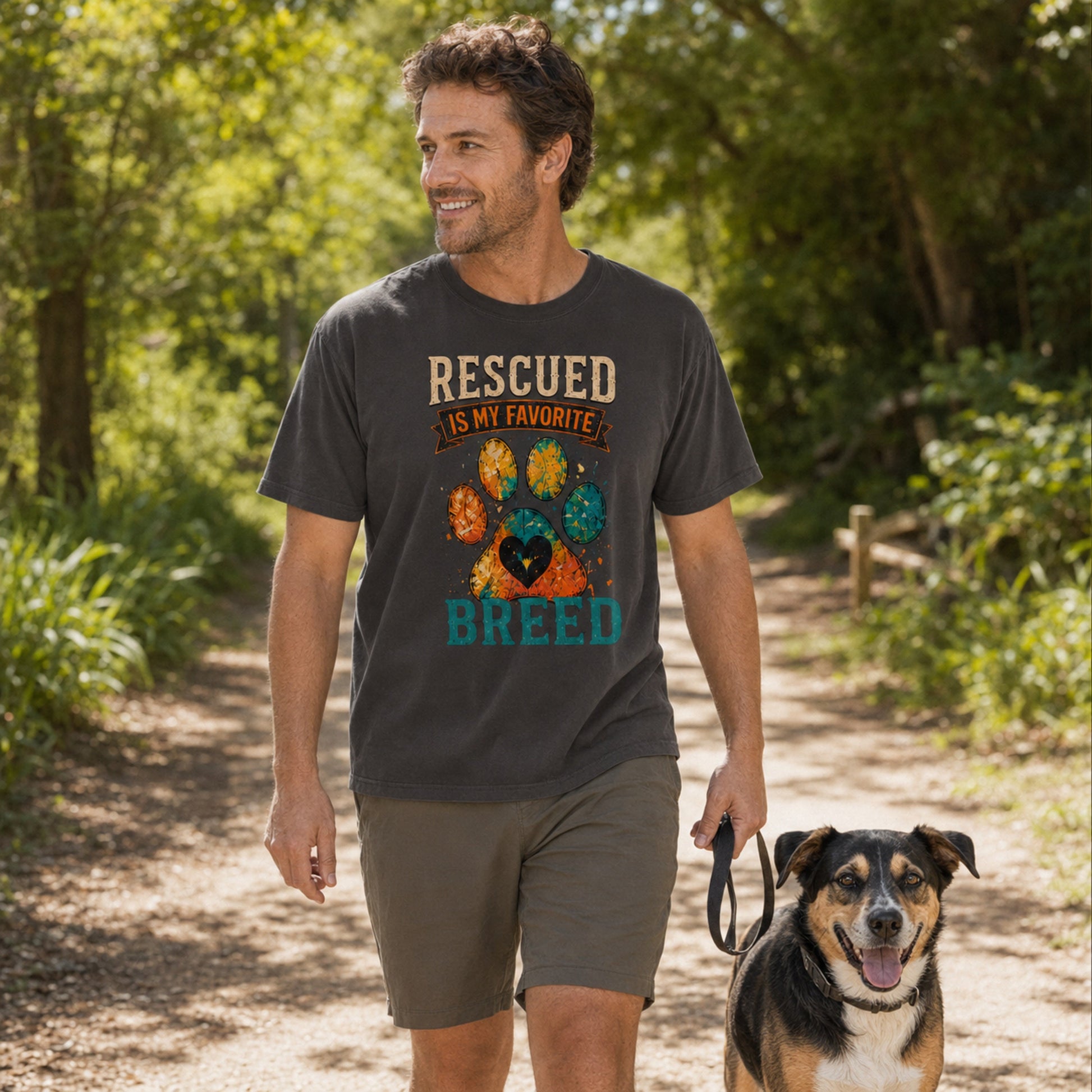 Man wearing a graphite Rescued Is My Favorite Breed T-shirt while walking on a park trail with a rescue dog.