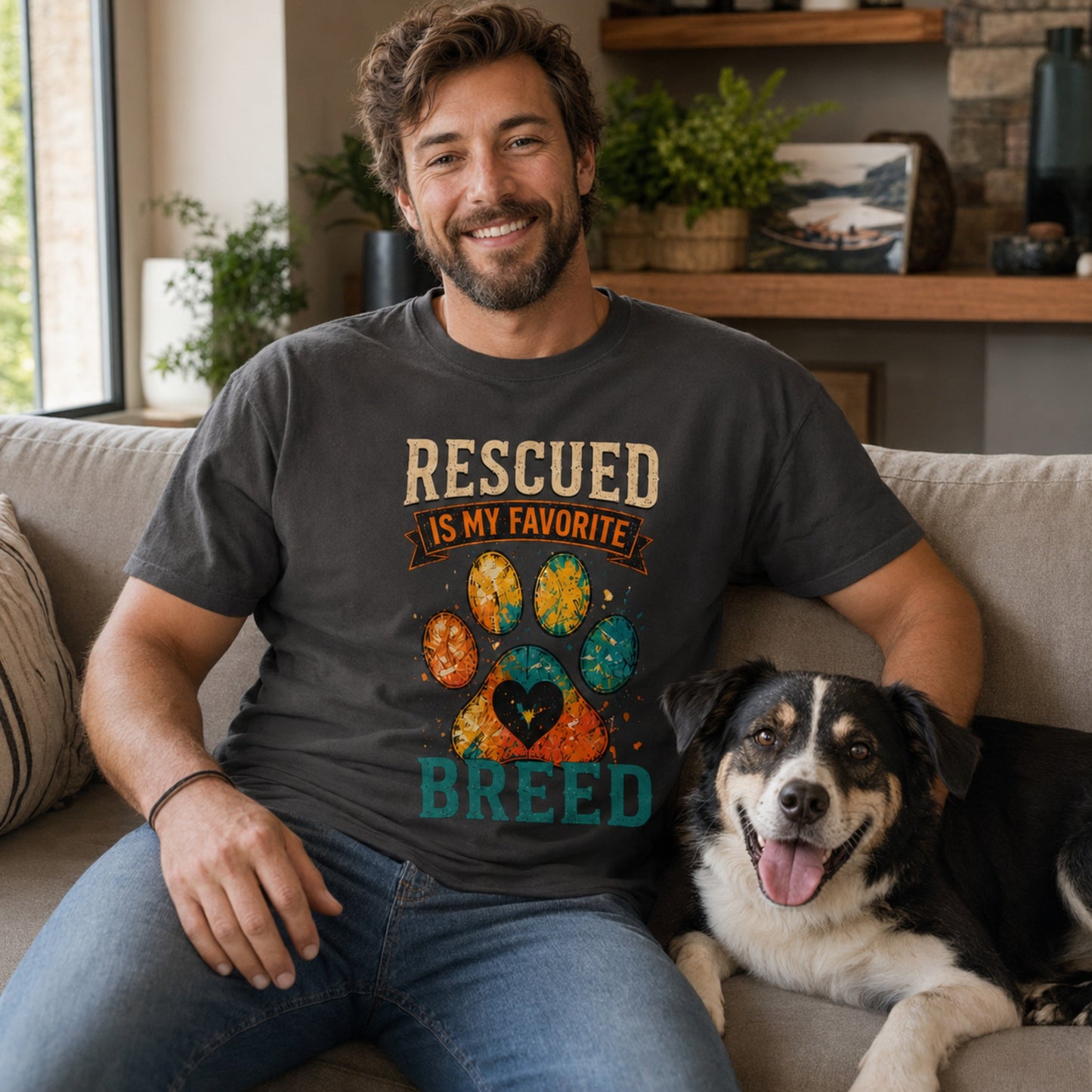 Man wearing a graphite Rescued Is My Favorite Breed T-shirt while sitting on a sofa with a rescue dog.