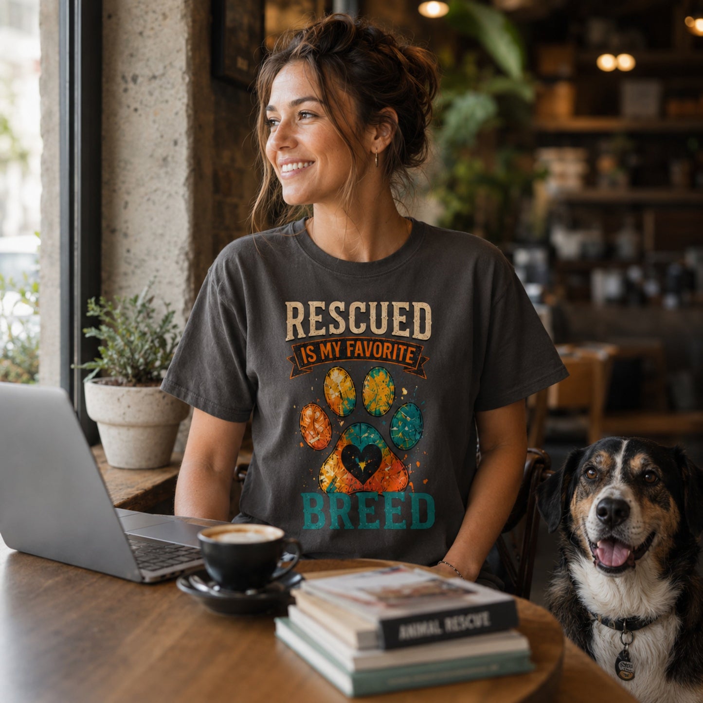 Woman wearing a graphite Rescued Is My Favorite Breed T-shirt at a cafe table with a laptop, coffee, books, and a rescue dog.