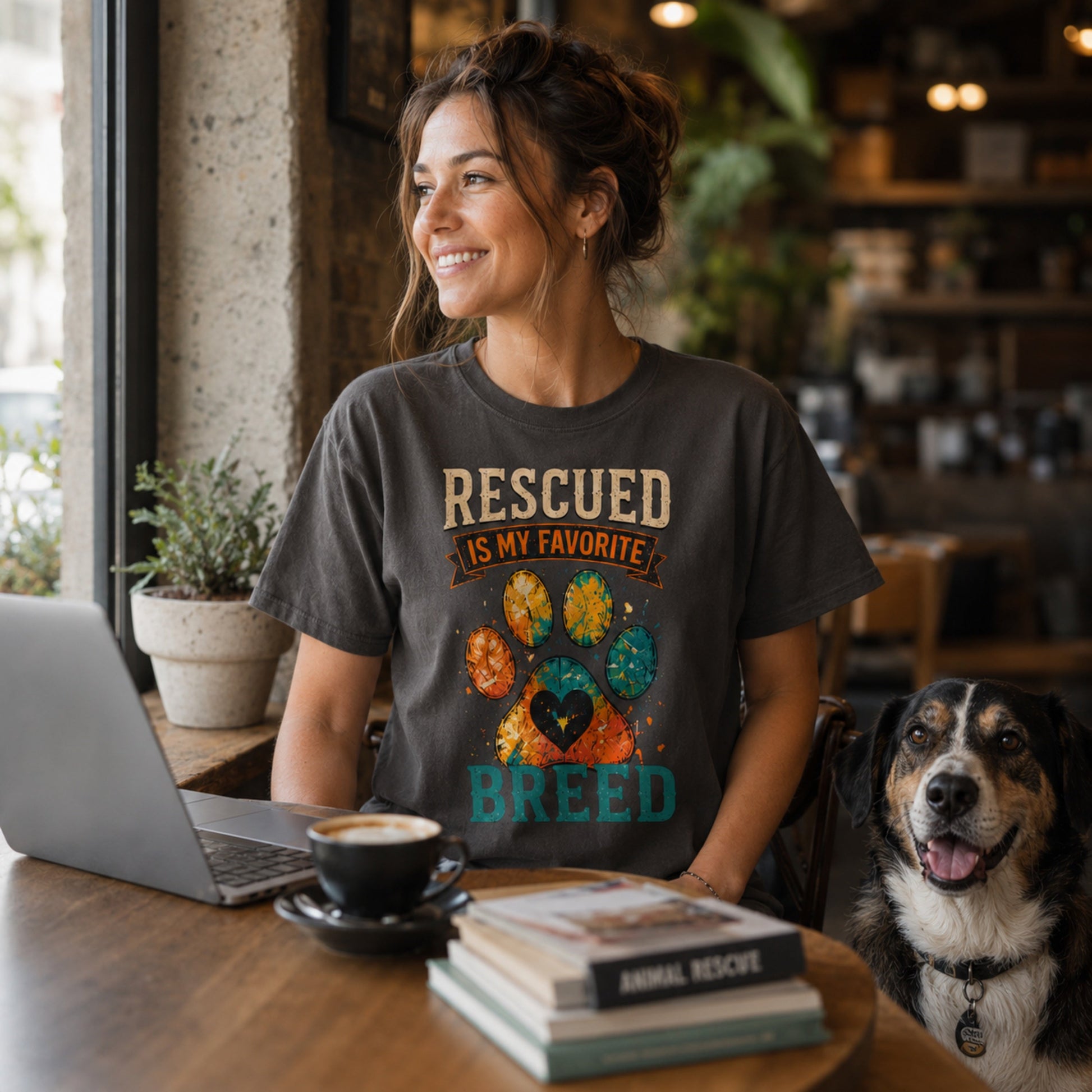 Woman wearing a graphite Rescued Is My Favorite Breed T-shirt at a cafe table with a laptop, coffee, books, and a rescue dog.