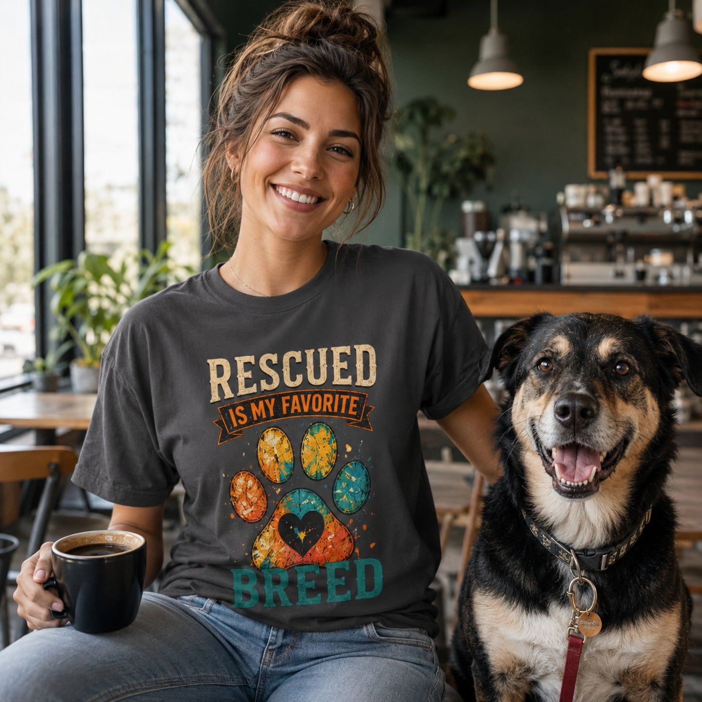 Woman wearing a graphite Rescued Is My Favorite Breed T-shirt in a coffee shop with a rescue dog.