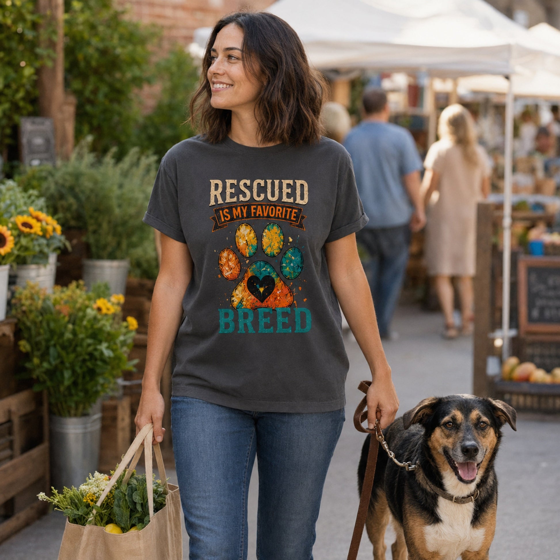 Woman wearing a graphite Rescued Is My Favorite Breed T-shirt at a farmers market with a shopping bag and rescue dog.