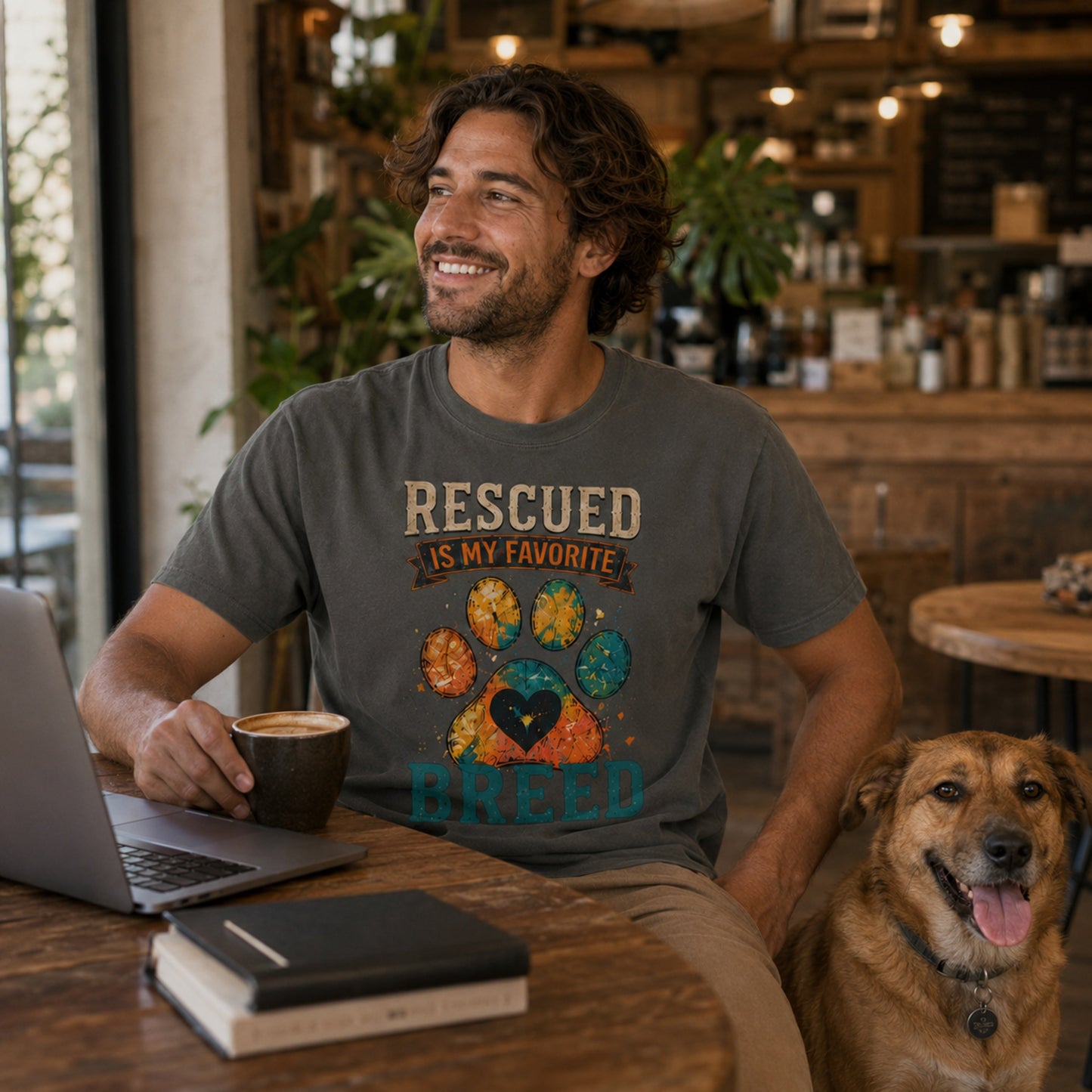 Man wearing a pepper Rescued Is My Favorite Breed T-shirt at a cafe table with coffee, laptop, books, and a rescue dog.