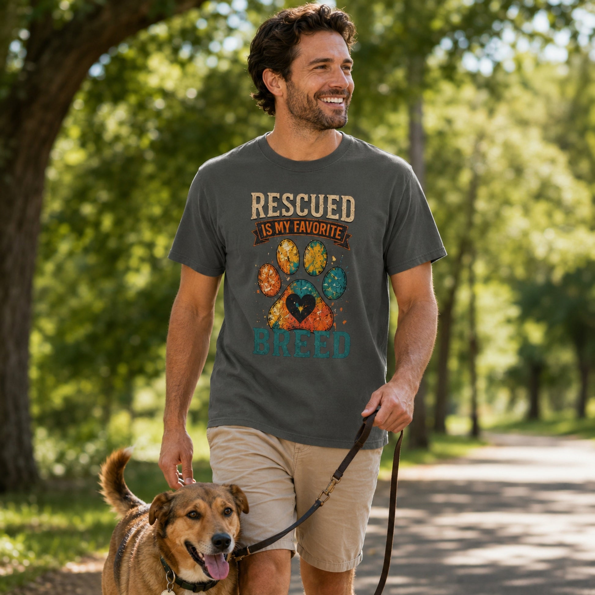Man wearing a pepper Rescued Is My Favorite Breed T-shirt while walking on a park trail with a rescue dog.