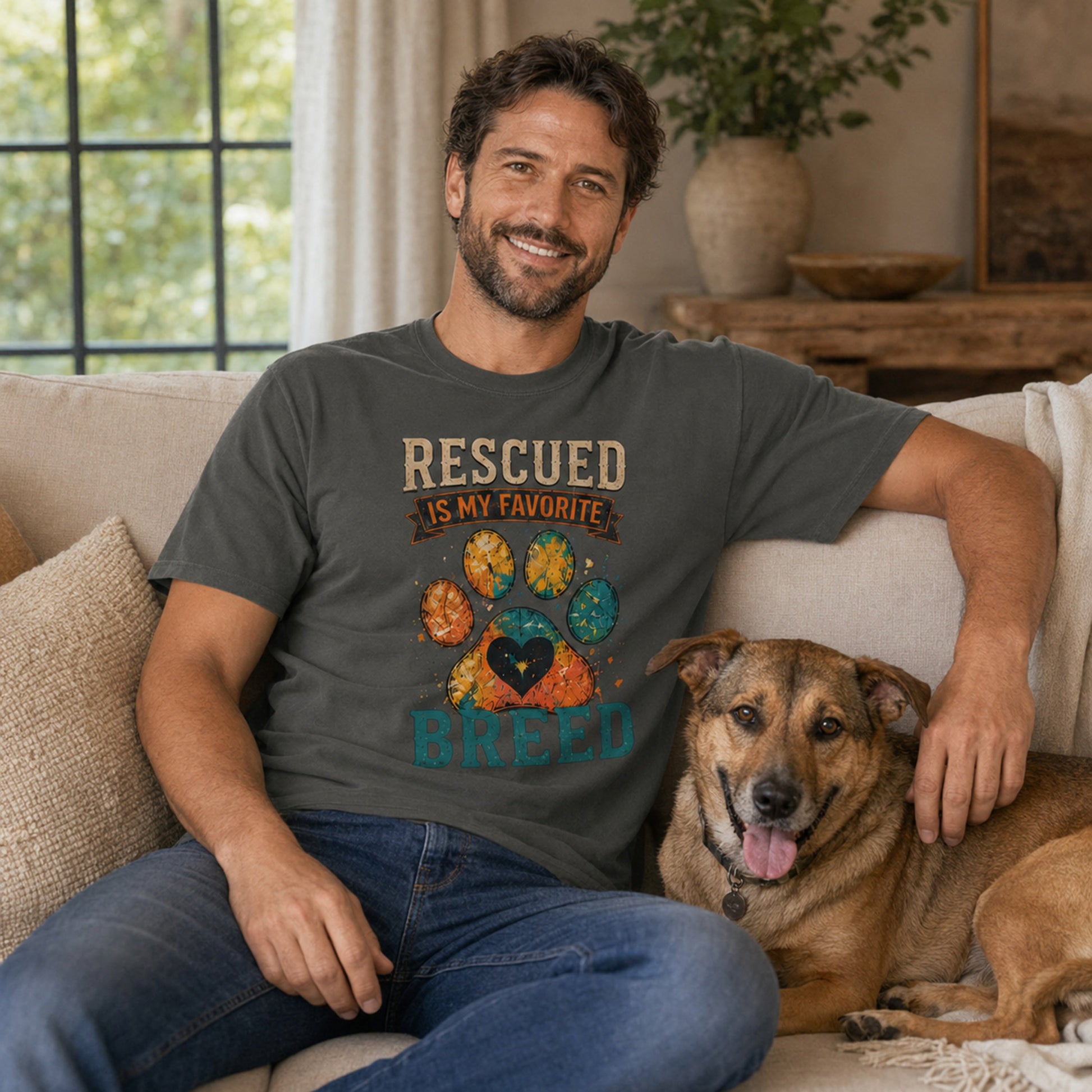 Man wearing a pepper Rescued Is My Favorite Breed T-shirt while sitting on a sofa with a rescue dog.
