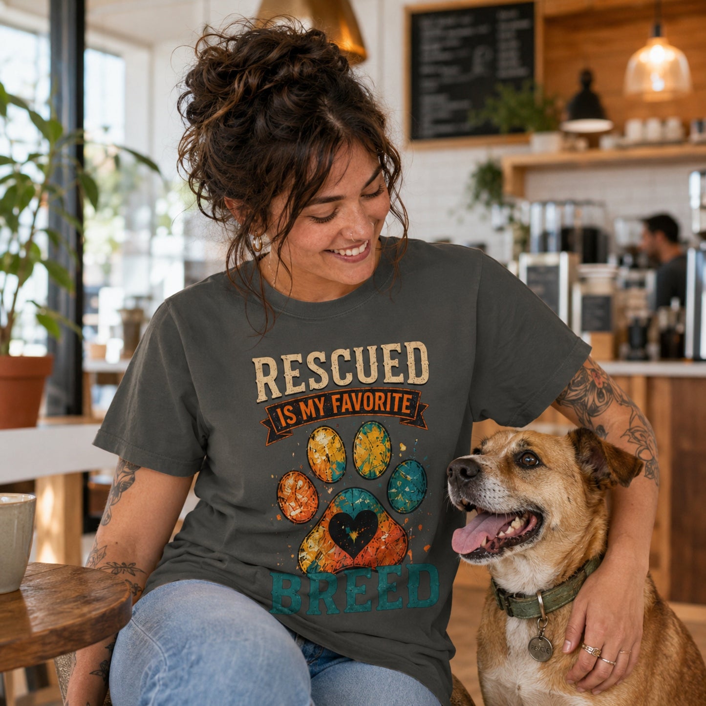 Woman wearing a pepper Rescued Is My Favorite Breed T-shirt in a coffee shop with a rescue dog.