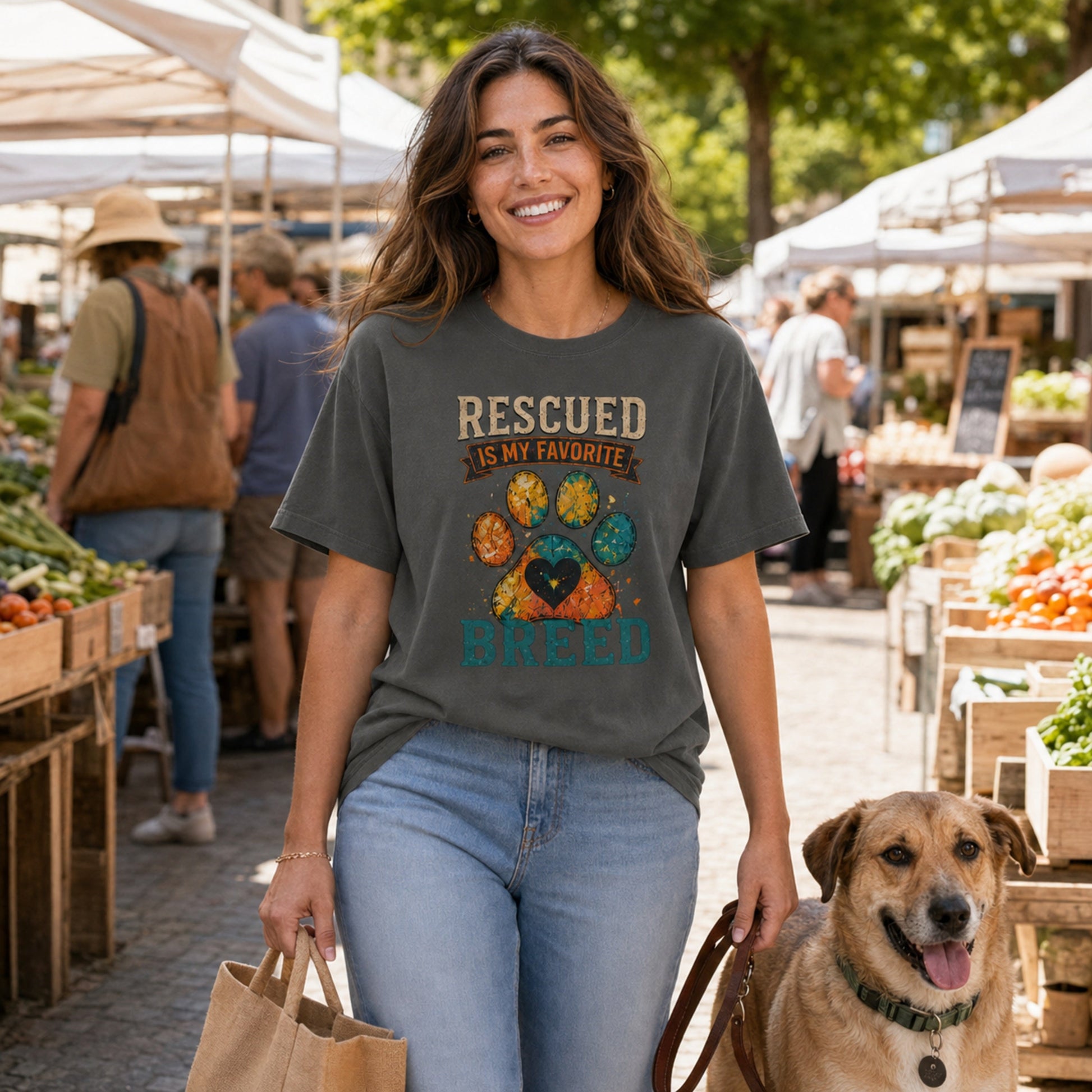 Woman wearing a pepper Rescued Is My Favorite Breed T-shirt at a farmers market with a shopping bag and rescue dog.