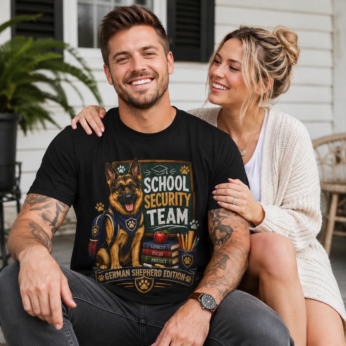 Couple sitting together on a porch, wearing black 'School Security Team' German Shepherd t-shirts