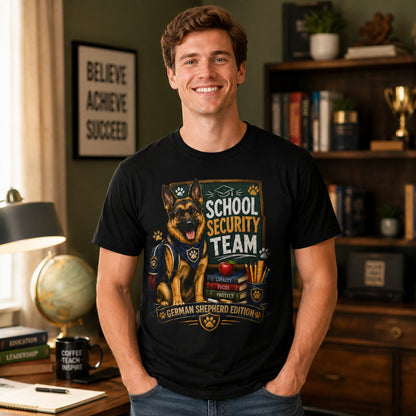 Man standing at an office desk with bookshelves, wearing black 'School Security Team' German Shepherd t-shirt