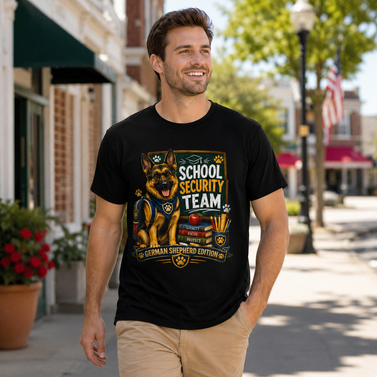 Man walking down a sidewalk, wearing black 'School Security Team' German Shepherd t-shirt
