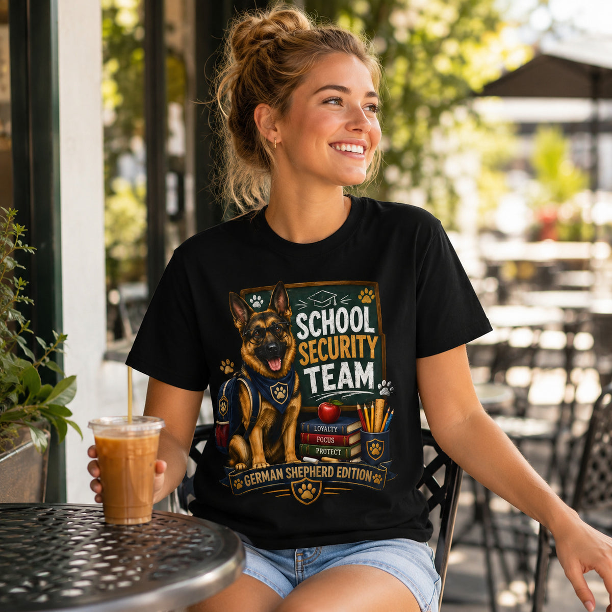 Woman sitting at an outdoor cafe holding iced coffee, wearing black 'School Security Team' German Shepherd t-shirt