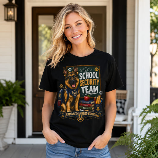 Woman standing on a porch wearing black 'School Security Team' German Shepherd t-shirt