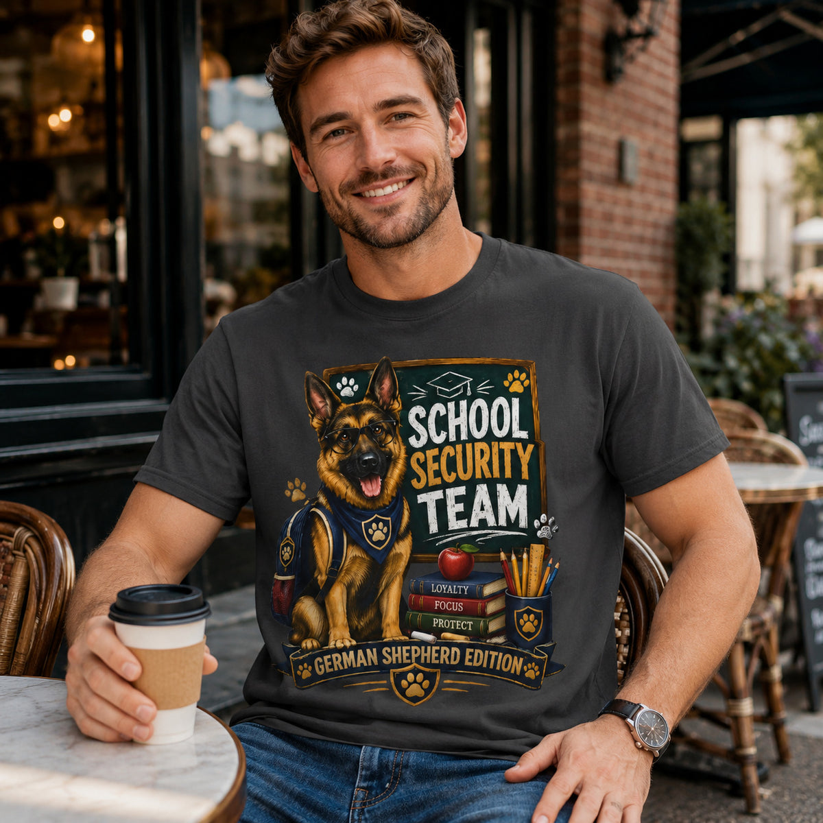 Man sitting outside a coffee shop holding coffee, wearing graphite 'School Security Team' German Shepherd t-shirt