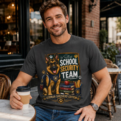 Man sitting outside a coffee shop holding coffee, wearing graphite 'School Security Team' German Shepherd t-shirt
