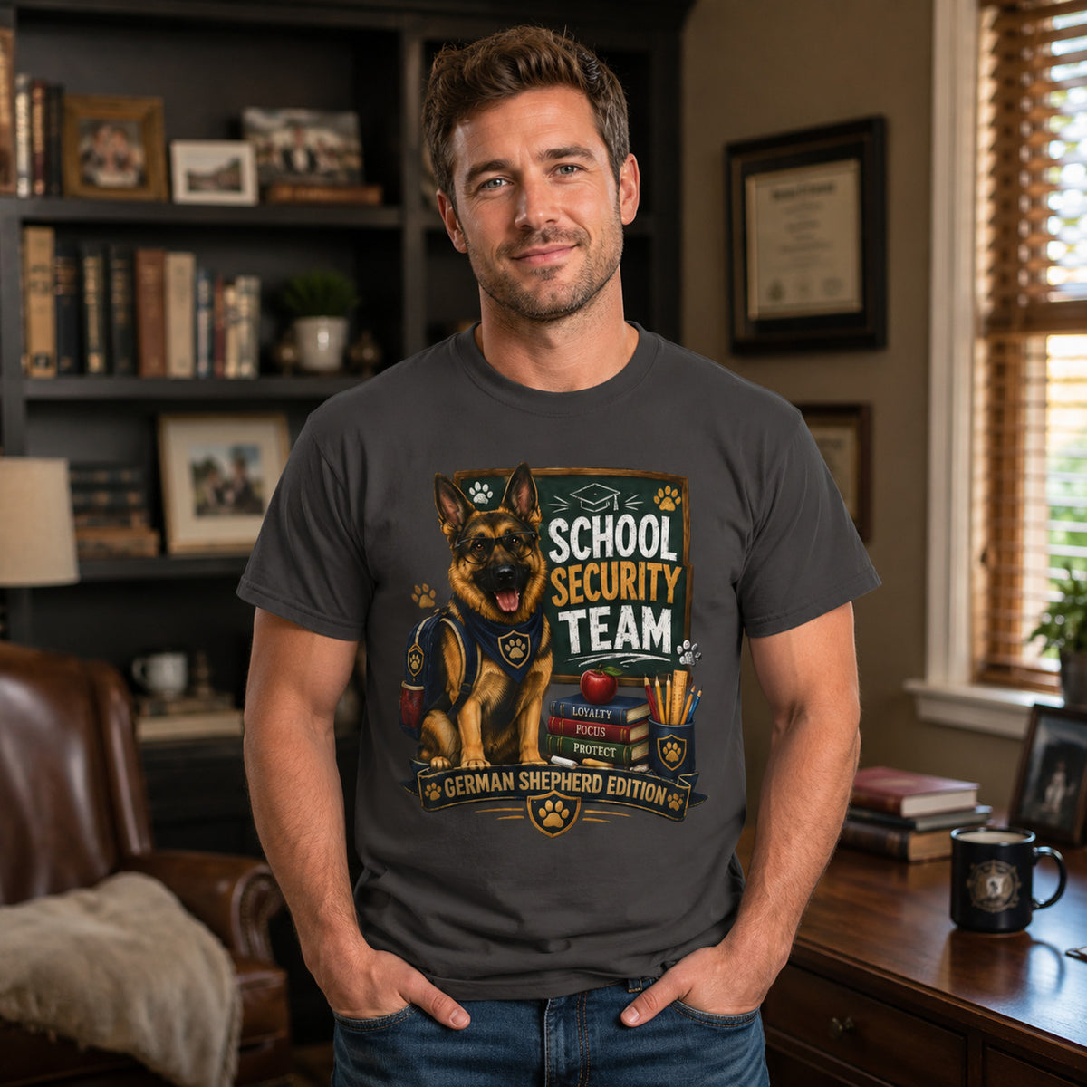 Man standing at an office desk with bookshelves, wearing graphite 'School Security Team' German Shepherd t-shirt