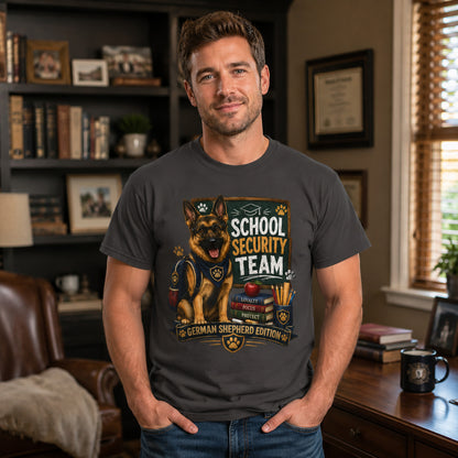 Man standing at an office desk with bookshelves, wearing graphite 'School Security Team' German Shepherd t-shirt