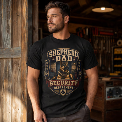 Model wearing a black Shepherd Dad Security Department t-shirt with a German Shepherd in a lifestyle scene